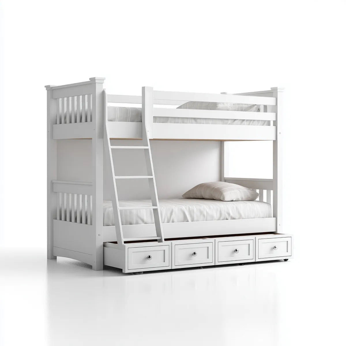 Lit superposé enfant blanc avec échelle et 4 tiroirs 90 x 190 cm en pin massif et MDF rectangulaire 198 x 104 x 170 cm