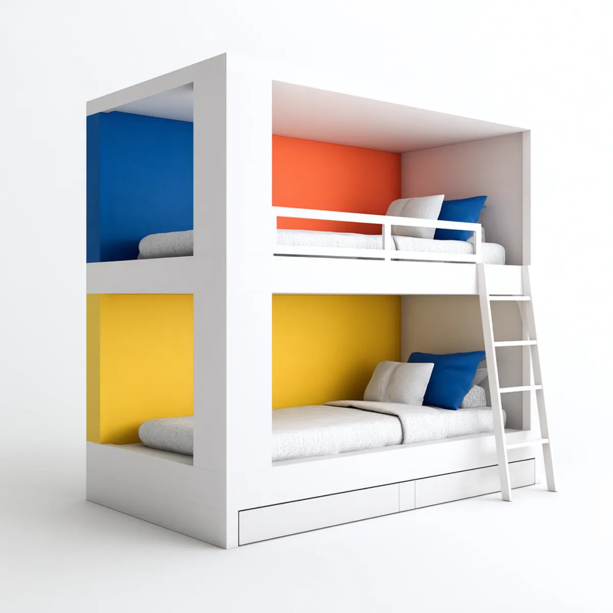 Lit superposé enfant blanc rectangulaire 90 x 190 cm en panneaux MDF laqués avec échelle et barrières