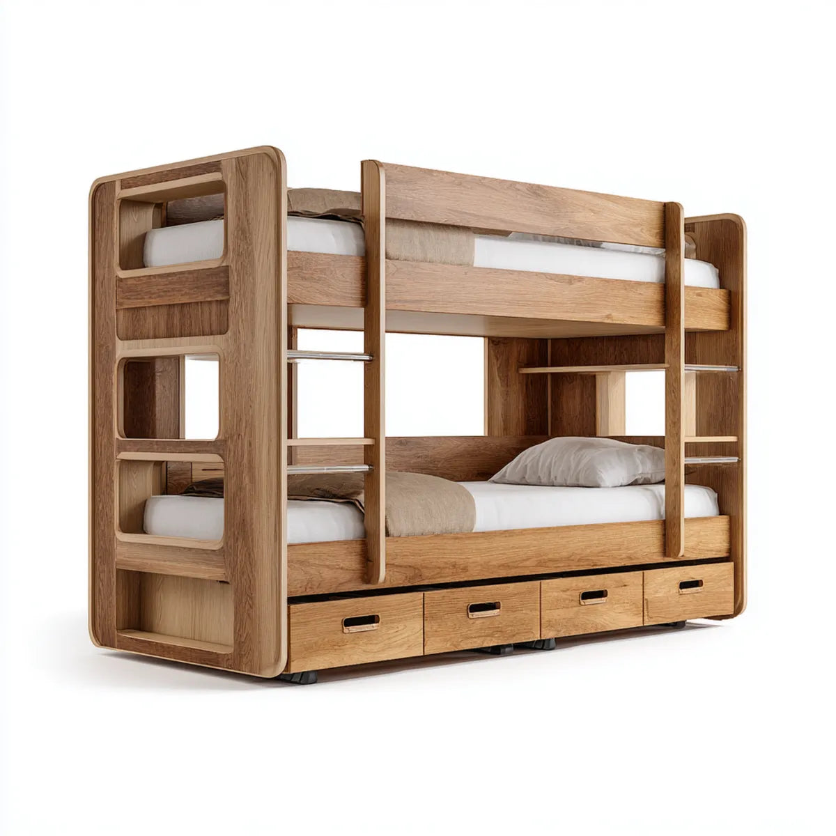 Lit superposé 2 couchages chêne naturel 90 x 190 cm en panneaux MDF plaqués chêne avec tiroirs