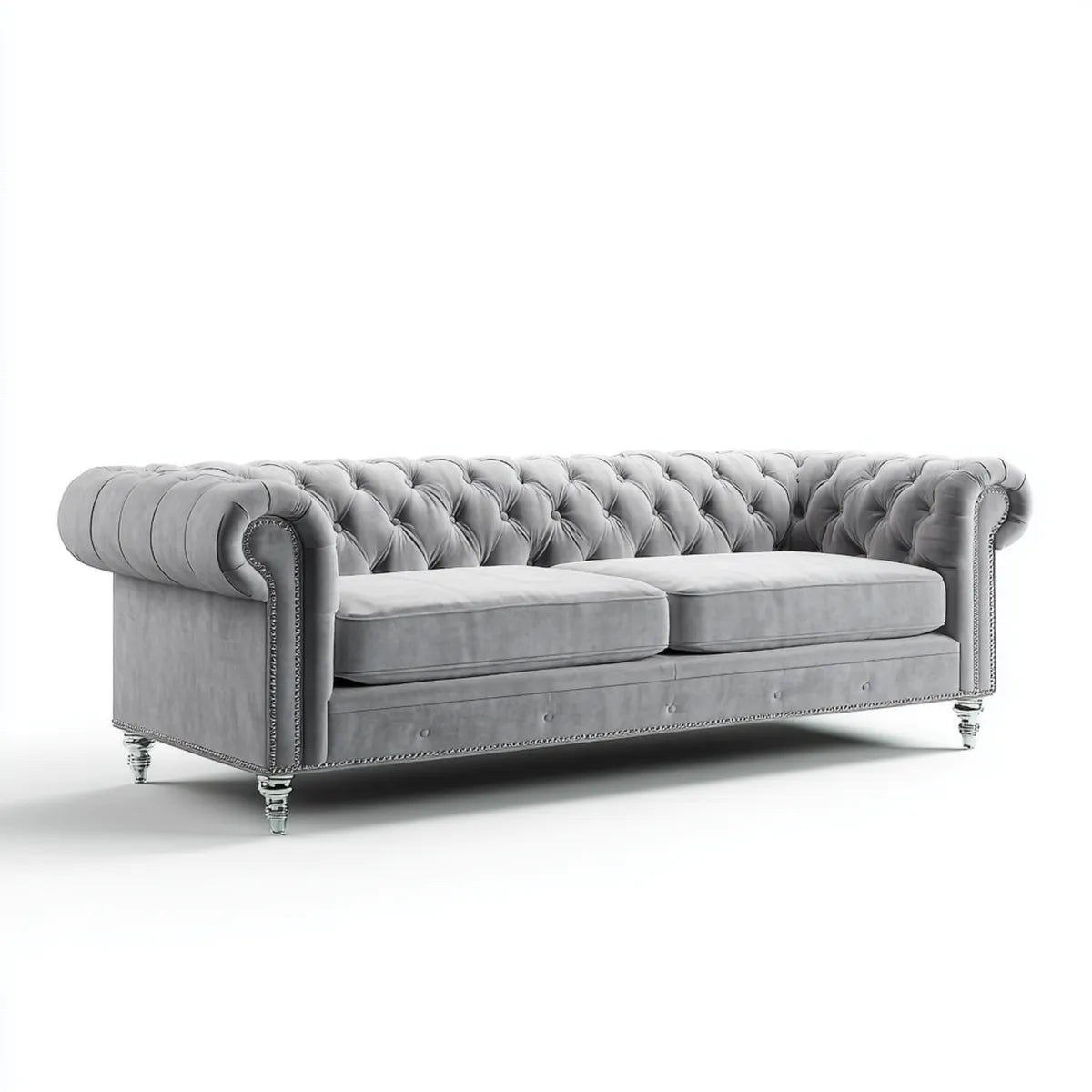 Canapé Chesterfield droit 3 places gris 230 x 95 x 78 cm en velours polyester