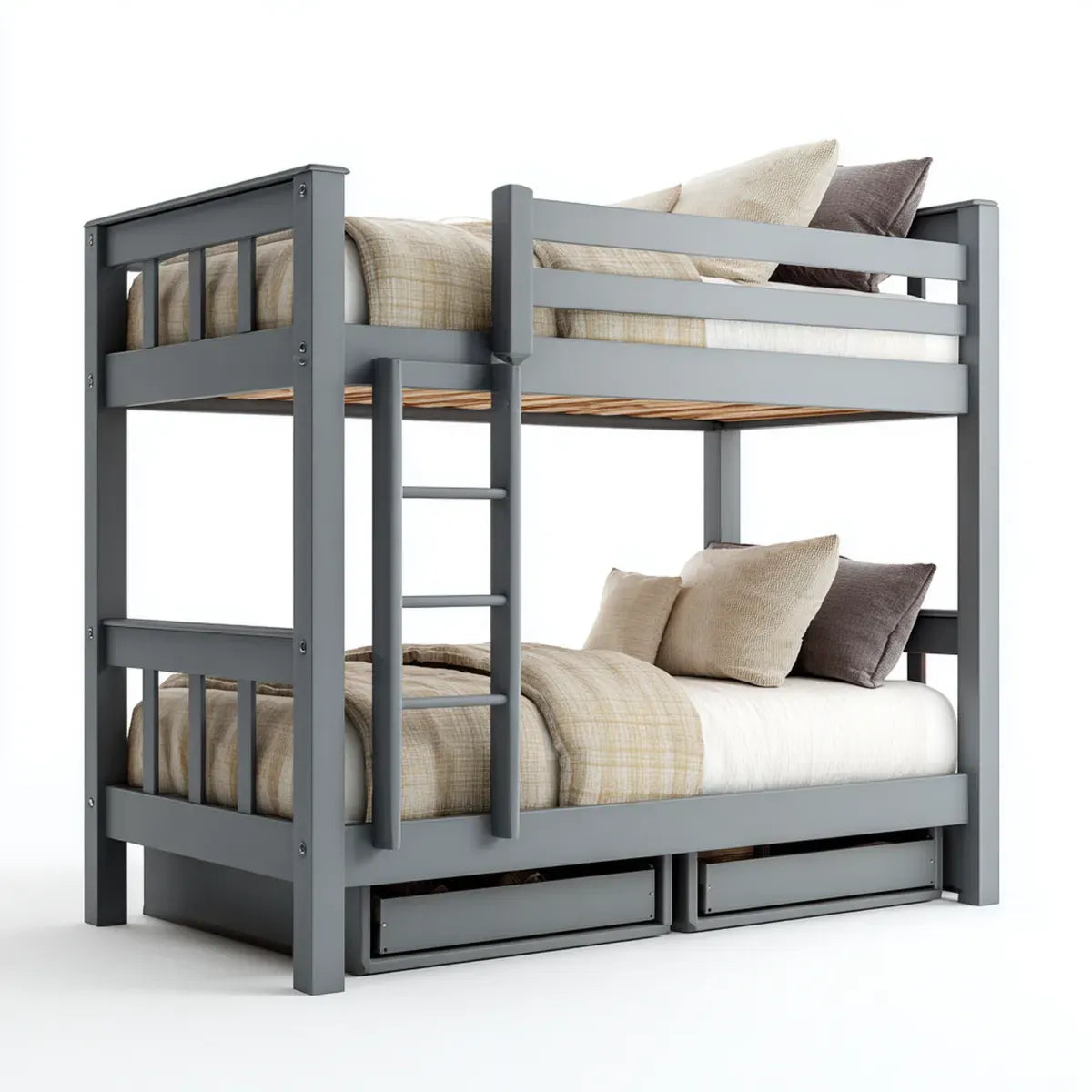 Lit superposé enfant gris 90 x 190 cm en pin massif avec échelle et 2 tiroirs