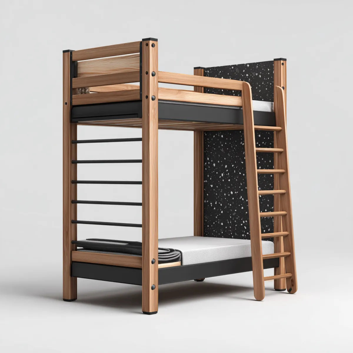 Lit superposé enfant 90 x 200 cm brun et noir en pin massif avec échelle inclinée