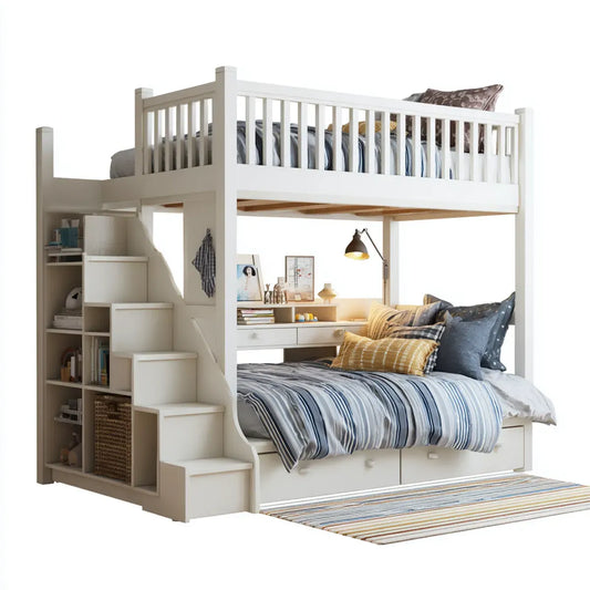Lit superposé mezzanine blanc avec escalier rangement 90 x 190 cm et 140 x 190 cm en pin massif et panneaux MDF