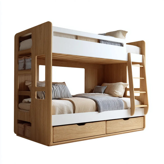 Lit superposé enfant 90 x 200 cm chêne clair et blanc en panneaux MDF rectangulaire avec rangements