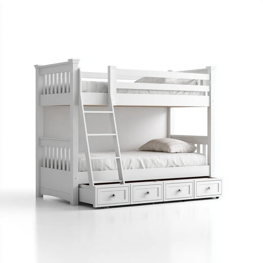 Lit superposé enfant blanc avec échelle et 4 tiroirs 90 x 190 cm en pin massif et MDF rectangulaire 198 x 104 x 170 cm
