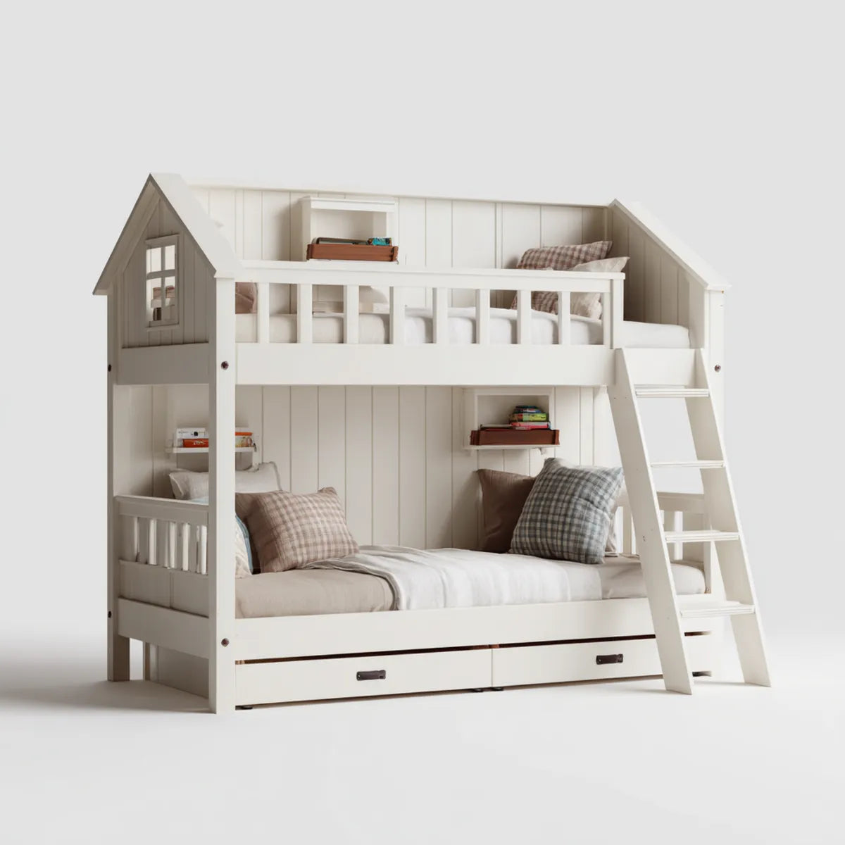 Lit superposé cabane enfant blanc 90 x 200 cm en pin massif et MDF rectangulaire avec échelle et 2 tiroirs