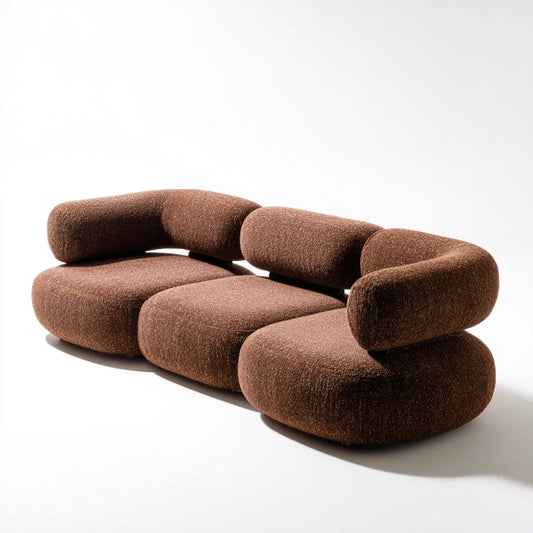Canapé modulable 3 places marron en polyester bouclette forme arrondie 300 x 110 x 72 cm