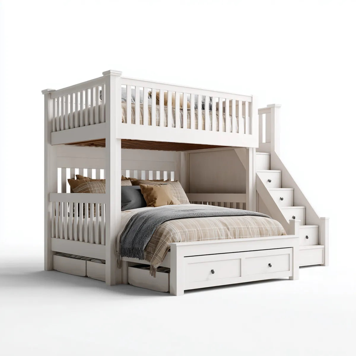 Lit superposé enfant avec escalier à tiroirs blanc 90 x 190 cm et 140 x 190 cm en pin massif rectangulaire 246 x 147 x 170 cm