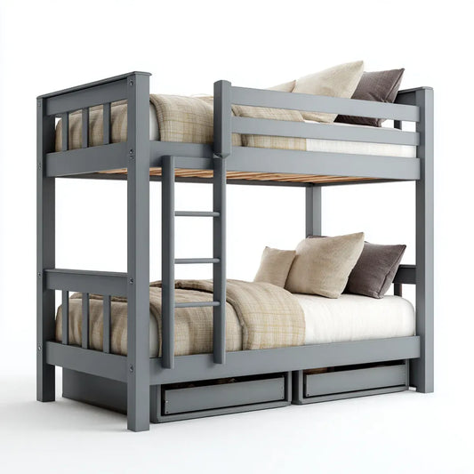 Lit superposé enfant gris 90 x 190 cm en pin massif avec échelle et 2 tiroirs